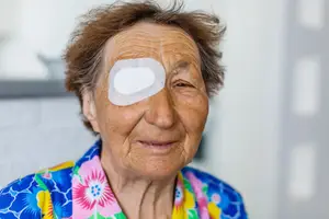 A woman with a white eye patch on her left eye is smiling and looking forward. She is wearing a floral printed top with a blue and yellow design. She is standing in front of a white wall.