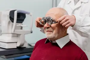 An elderly man is having his eye checked by a doctor in a white coat.