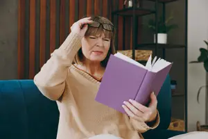 A woman wearing glasses is sitting on a blue couch holding a purple book and touching her head with her left hand.