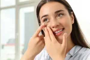 A woman with brown eyes and long dark hair is adjusting her contact lens in front of a window.