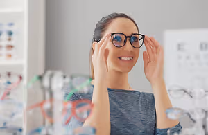 A smiling woman with glasses on her face in a store.