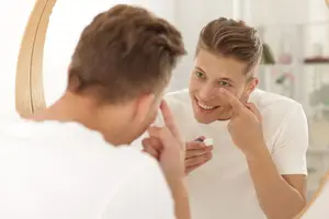 A man looking at his reflection in the mirror, smiling, and holding a toothbrush with toothpaste on it.