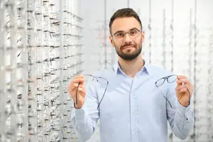 A man in a blue shirt holds a pair of glasses in an optical store.