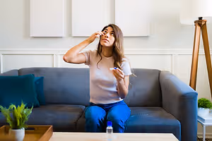 A woman sitting on a couch, holding a thermometer, and looking at it. She is wearing a white top and blue pants. She seems to be checking her temperature.