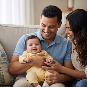 A smiling couple sitting on a couch with a baby on the man's lap, the woman holding the baby's hand, and the man holding the baby's arm.