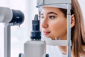 A woman is getting her eyes examined by an optometrist using an ophthalmoscope.
