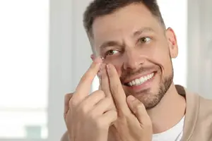 Man inserting contact lenses from Pico Rivera Optometric Center