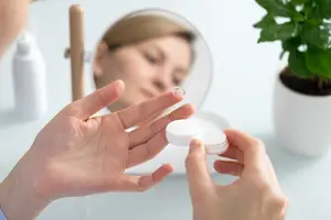 A person is holding a contact lens in their hand in front of a mirror, with a reflection of a woman's face and a plant in the background.