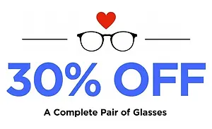 30% OFF A Complete Pair of Glasses with a red heart above glasses icon