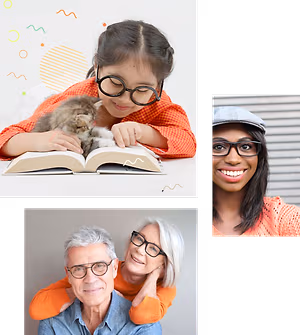 A collage of people wearing glasses of different ages and genders, highlighting the inclusivity of eyewear choices