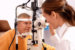 An elderly man having an eye test with an optician