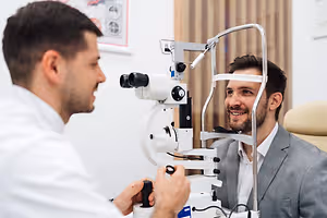 Man having his eyes examined by an optometrist in a clinic