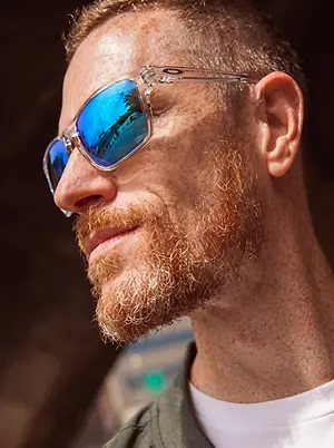 A close-up of a man's face with a beard and sunglasses.