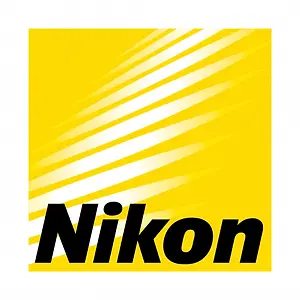 Nikon logo with a yellow and white striped background