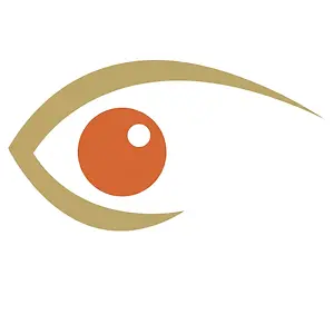 Eye logo with a red iris and white pupil