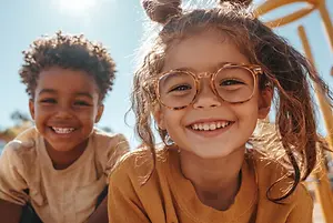 Two children smiling and laughing on a playground, one girl wearing glasses and both with curly hair.