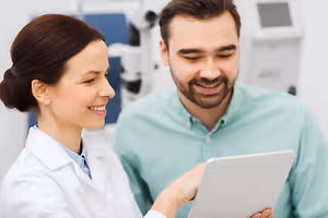 A woman in a white lab coat and a man in a light blue shirt are smiling at each other inside a medical room.