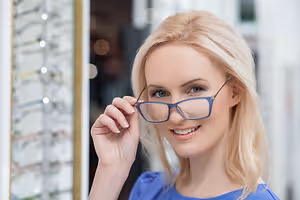 A woman with blonde hair is wearing glasses and is smiling while holding them with both hands
