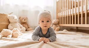 A baby wearing a beanie is lying on a blanket with teddy bears in a nursery room.