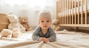 A baby wearing a beanie is lying on a blanket with teddy bears in a nursery room.