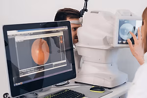 A person having their eye examined with a machine, showing a close-up of the eye on the screen of the machine.