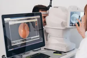 A person having their eye examined with a machine, showing a close-up of the eye on the screen of the machine.