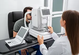 An adult man with a beard is having his eyes checked by an adult woman with long hair who is wearing a white coat in an office room