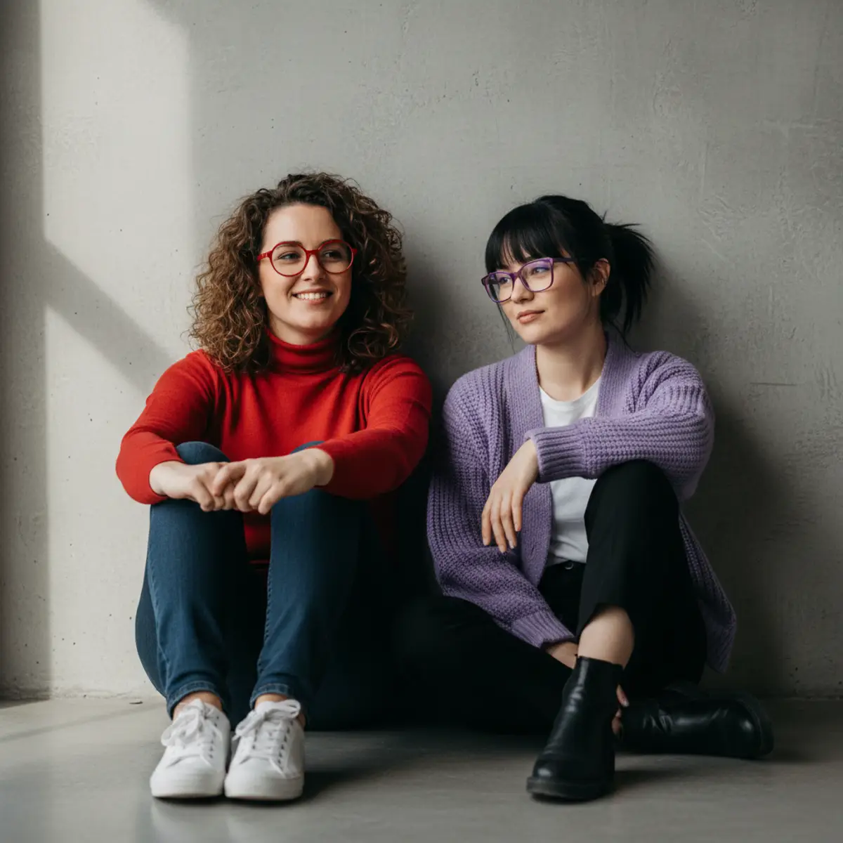 Two women wearing eyeglasses sitting together against a wall