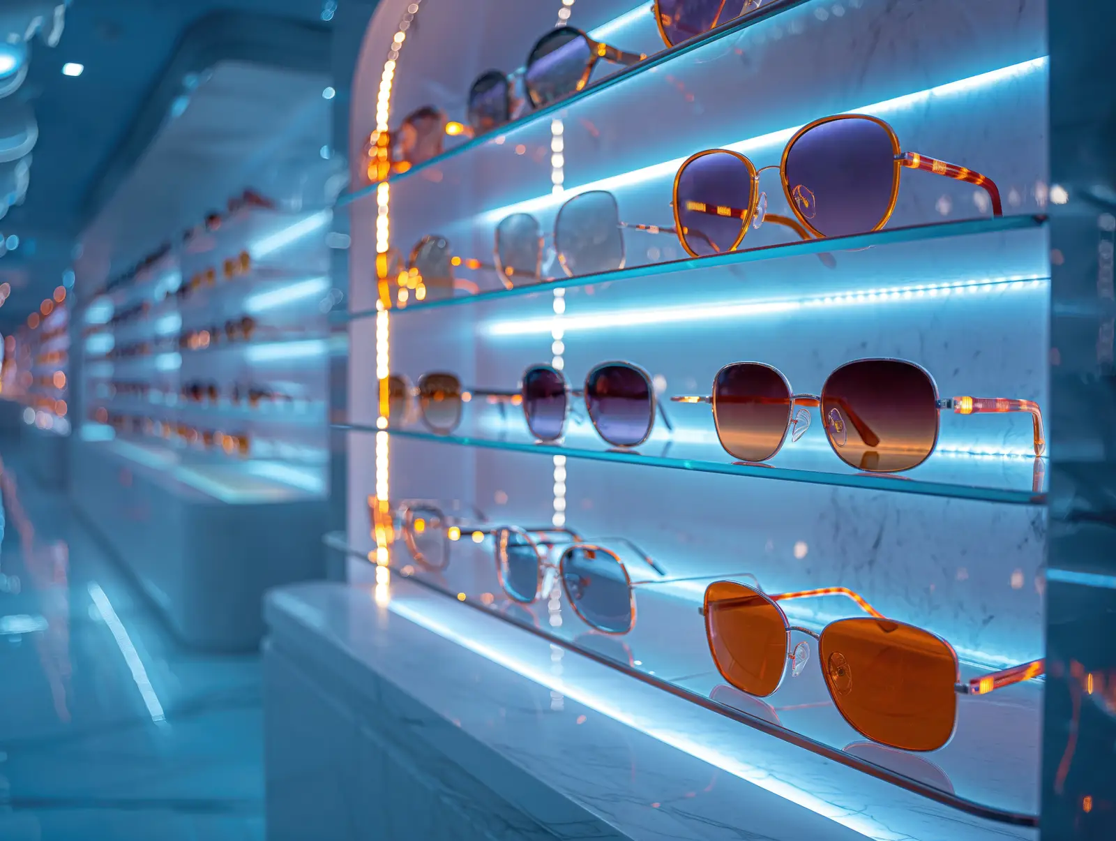 Display shelves filled with eyeglasses and sunglasses illuminated by blue lighting