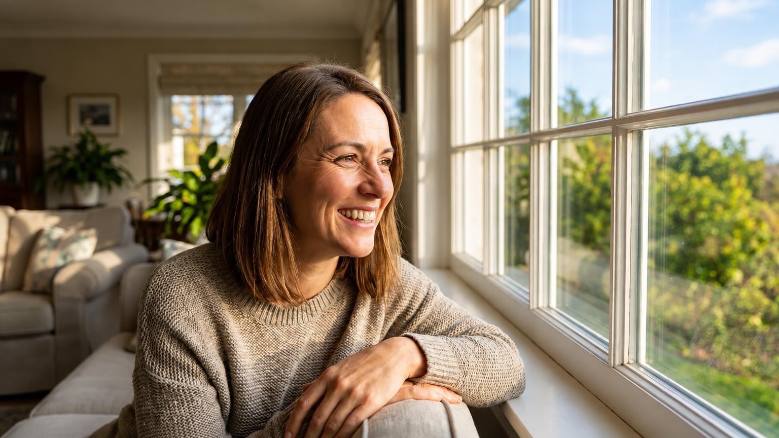 A woman sitting by a sunny window, the kind of everyday setting where vision changes first show up