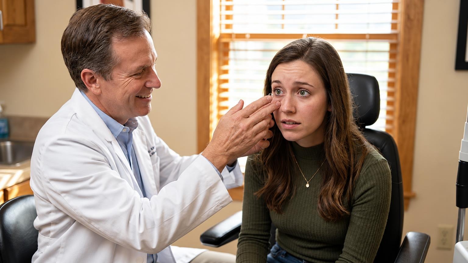 Optometrist examining a patient's eye with a slit lamp