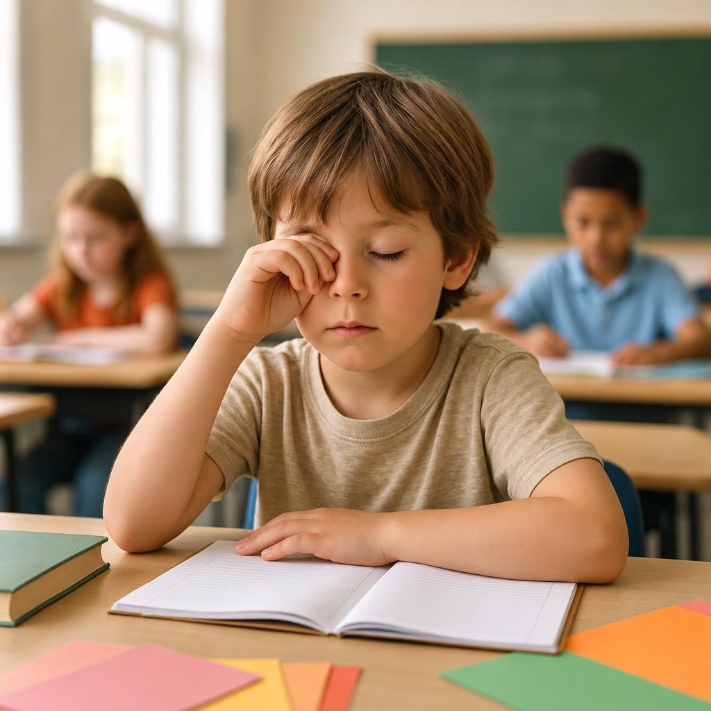 Child rubbing an eye while seated at a classroom desk with an open notebook