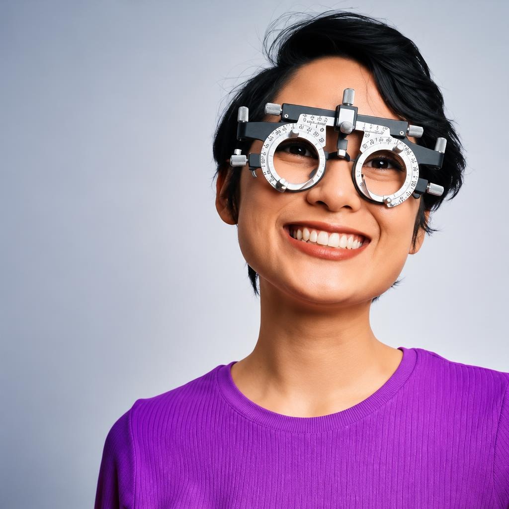 A patient looking through a phoropter during the measurement stage of an eye exam