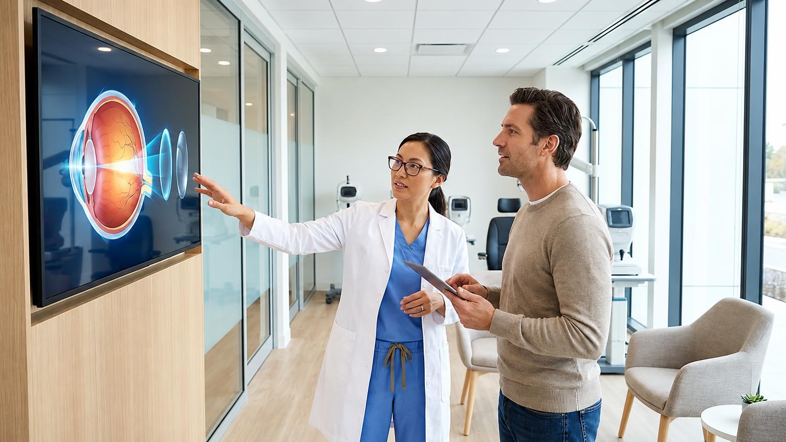 An optometrist showing a patient an eye diagram on a wall display