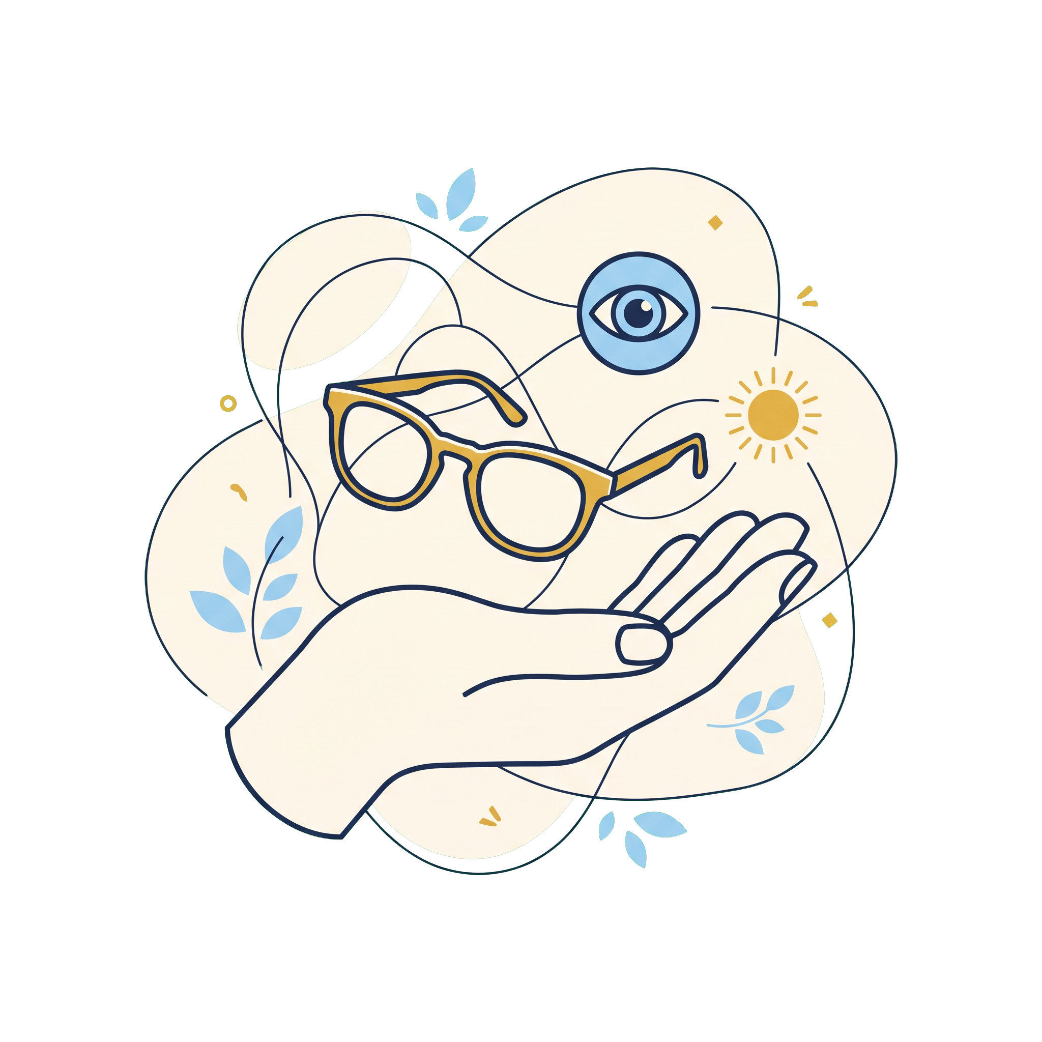 Illustration of a hand holding eyeglasses beneath an eye and a sun