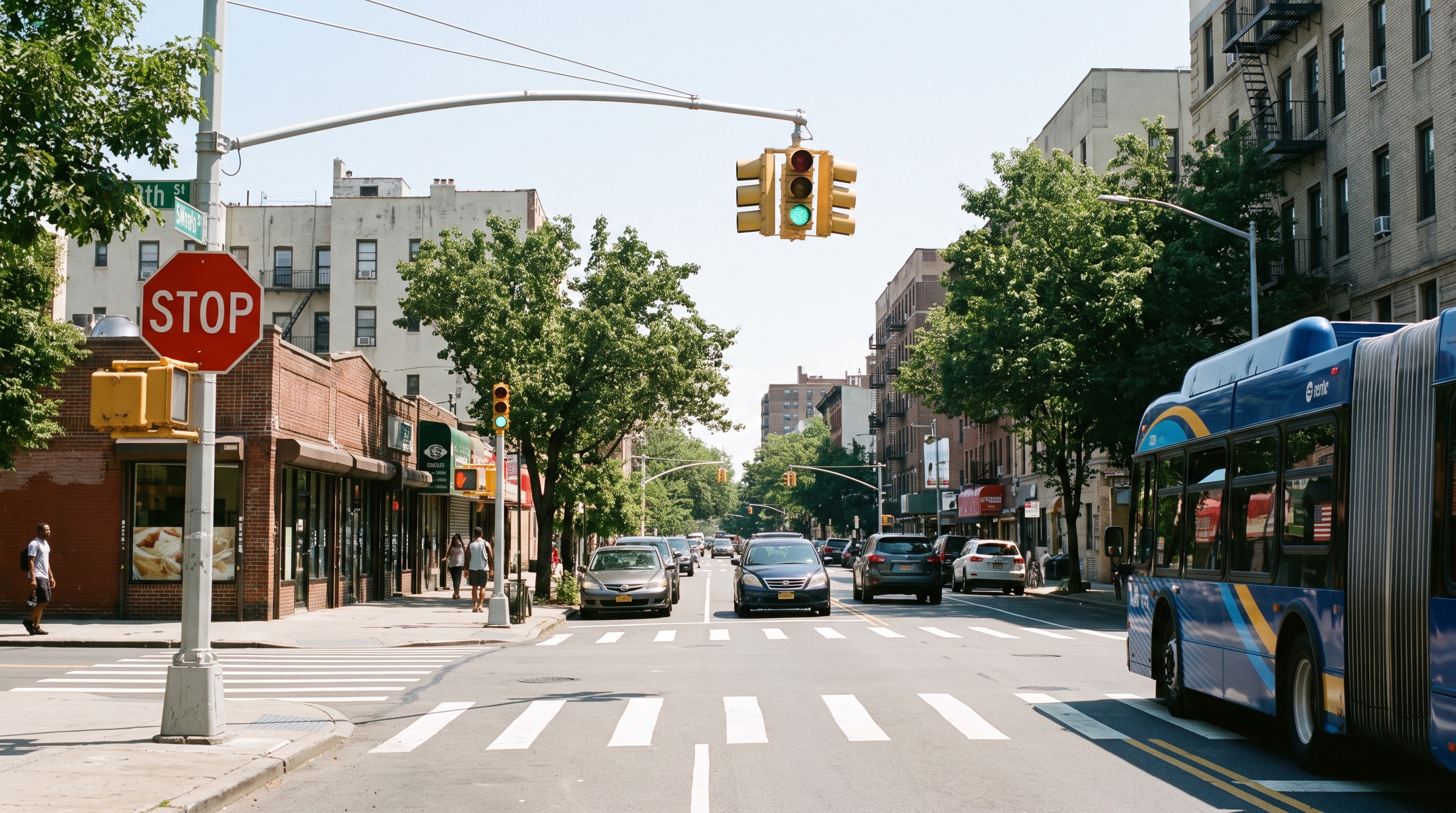 Street corner in daylight: a bus stopped at the curb, a stop sign, a painted crosswalk, storefronts and street trees