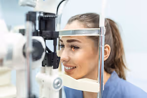 A woman is having her eyes examined by an eye doctor using an ophthalmoscope.