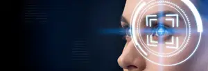 An image of a woman with a futuristic eye scanner on her face.