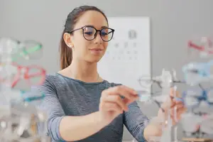 woman adjusting glasses in front of a vision chart