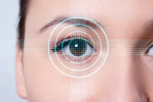 Close-up of a woman's eye with a grid overlay