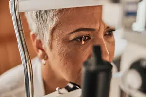 An adult woman with gray hair is looking at a microscope in a lab