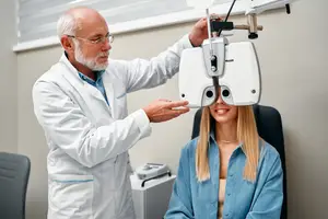 An optometrist is adjusting a machine on a woman's face for an eye exam.