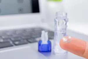 Image of a finger holding a contact lens near a laptop and contact lens bottle