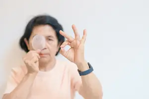 An older woman wearing a pink shirt holds a magnifying glass and makes a peace sign with her hand