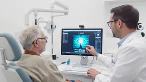 A man is explaining something about an eye image on a monitor to an older man sitting in a chair in a hospital.