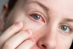 A woman touching her eye, possibly experiencing discomfort or irritation.
