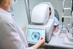 An optometrist is using a machine to examine a patient's eyes in a clinic.