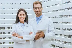 Two optometrists standing next to each other in front of a display of glasses