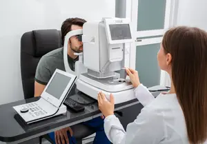 A man is having his eyes examined by a woman in a lab coat using a machine.
