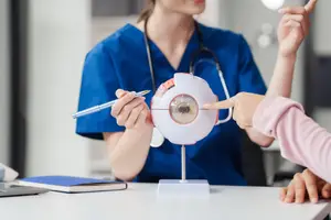 A woman in a blue scrub suit holds a model of an eye while a child points at it with a pencil